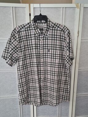 Barbour Olive, White & Tan Short-Sleeve Plaid Button-Down Shirt